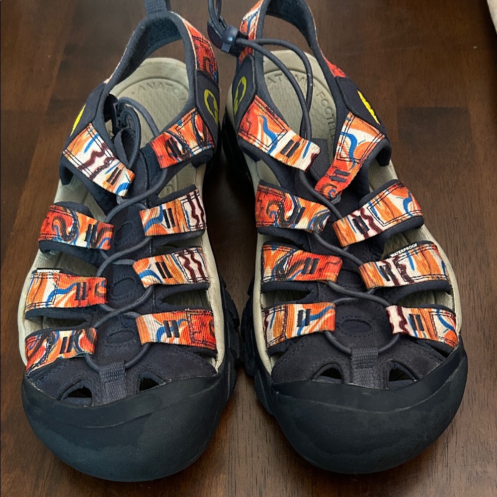 EUC Keen Mens Waterproof Sandals with Orange and Black Straps